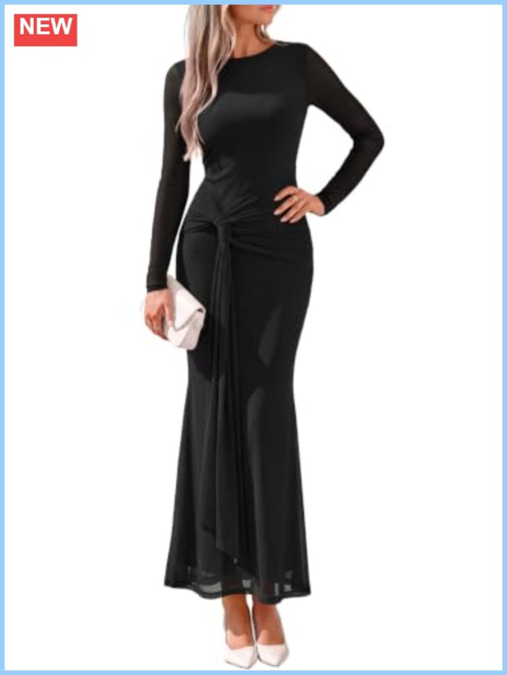 Long Sleeve Bodycon Mesh Maxi Dress Tie Waist Ruched Party